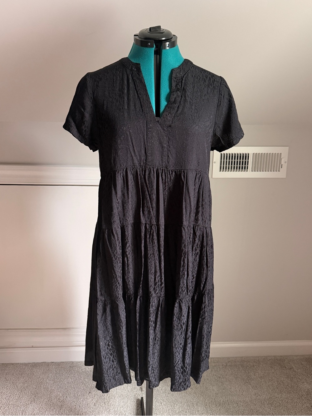 Anthropologie Black Short-Sleeve Tiered V-Neck Dress